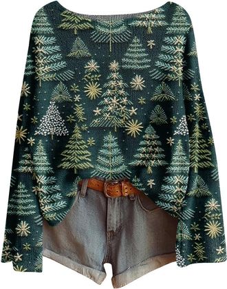 Generic Womens Christmas Sweatshirts UK Ugly Jumper Christmas Long Sleeve Pullover Santa Print Reindeer Tops Santa Graphic Blouse Loose Warm Vintage Pullover 