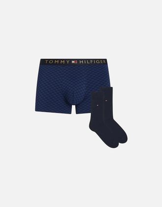 Tommy Hilfiger Mens Tonal Flag Print Boxer Trunks & Socks Gift Set, Navy/gold - Size: 33/32/32