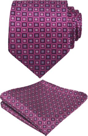 Alizeal Mens Regular Geometric Pattern Tie and Hanky Unique Classic for Business Wedding Necktie Set, Magenta+Blue
