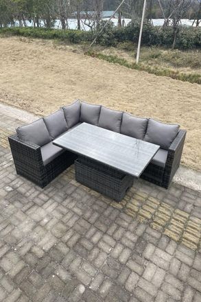Fimous 6 Seater PE Rattan Corner Sofa Set Rising Adjustable Dining Table Seat & Back Cushion in Dark Grey