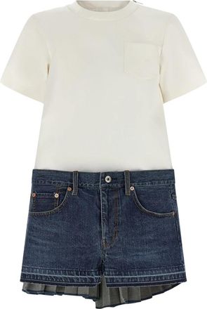 sacai Jurk met kapmouweffect en plooien van jersey van katoen en zijde en denim - Dames - Korte kleedjes - Veelkleurig - S - Katoen - Kleedjes