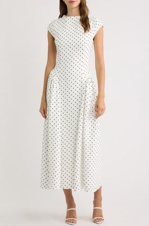 Odd Muse Dot Gathered Midi Dress in White Polka Dot at Nordstrom, Size X-Small