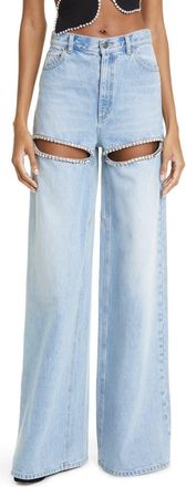 Area Crystal Slit Cotton Denim Wide Legs Jeans in Light Blue at Nordstrom, Size 25