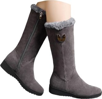 Generic Womens Casual Thermal Faux Plush Snow Boots, Winter Boots for Women Waterproof Fur Lined Side Zipper Warm Mid Calf Booties (Grey, 3.5)