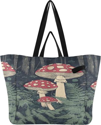 Generic Red Mushroom Grass print Reusable Canvas Tote Bag, Heavy Duty Grocery Shopping Bag with Double Handles Hard Bottom Large Capacity Work Groceries Trave