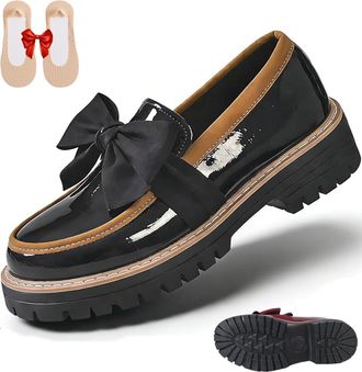 Generic Womens Bowknot Thick Sole Loafers, Womens Patent Leather Bowknot Chunky Platform Loafers - Casual Dress Shoes for Office Business Work Everyday Wear (