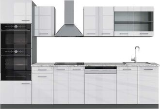 Vicco Mueble De Cocina R-line, Blanco Brillo/antracita, 300 Cm Con Armario Alto, Et M&aacute;rmol