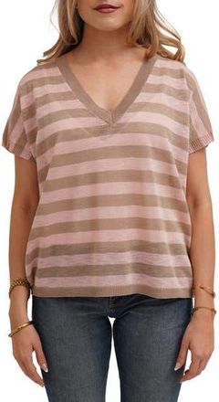 Cyrus Striped V Neck Cap Sleeve Sweater in Taupe/Lace Pink at Nordstrom Rack, Size X-Large