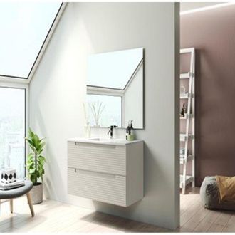 Saniclass Prime Balance Badkamermeubelset - 60x55x45cm - 1 rechthoekige keramische wasbak wit - 1 kraangat - 2 lades - rechthoekige spiegel - mat cotton (beige)