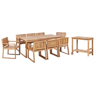 Beliani Conjunto De Jard&iacute;n 8 Plazas De Madera De Acacia Certificada Clara Sillas Resistente Al Agua Cl&aacute;sico Con Carrito De Cocina Sassari Ii