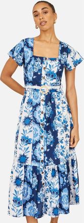 Yumi Floral Belted Midi Dress in Blue at Nordstrom, Size 14