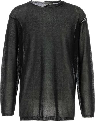 Yohji Yamamoto Rondgebreide Trui met Stikseldetails - Heren - Ronde hals truien - Zwart - L - Katoen - Truien & Vesten