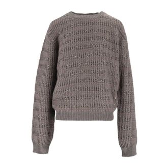 Fabiana Filippi Maglia Girocollo in Platinum Mohair Righe Paillettes - Dames - Ronde hals truien - Grijs - S - Pailletten - Truien & Vesten