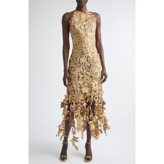 Oscar De La Renta Floral Metallic Corded Lace Halter Cocktail Dress in Oyster at Nordstrom, Size 4