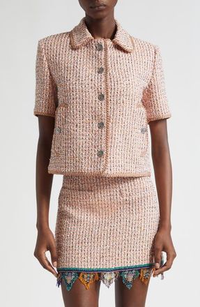 Etro Short Sleeve Crop Tweed Jacket in Multicolor Orange Base at Nordstrom, Size 10 Us