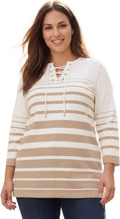 Jessica London Stretch Cotton Lace-Up Boatneck Tunic in New Khaki Border Stripe at Nordstrom, Size Medium