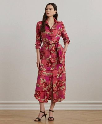 Ralph Lauren Floral Checked Linen Shirtdress In Red