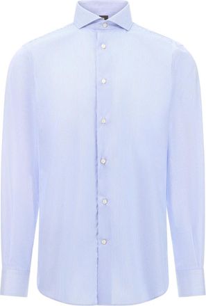 Boggi Milano Overhemden, Heren, Blauw, XL, Katoen, Ultimate Non-Iron Gestreept Katoenen Overhemd