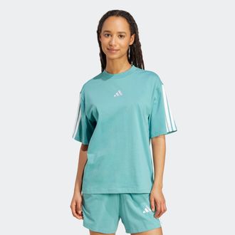 adidas T-Shirt ADIDAS SPORTSWEAR ESSENTIALS 3-STREIFEN BOYFRIEND, Damen, Gr. XS, powder teal, wei&szlig;, Obermaterial: 100% Baumwolle, normal, Rundhals, Shirts T-