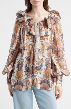 Farm Rio Sea Garden Tie Neck Top in Sea Garden Off-White at Nordstrom, Size Xx-Small