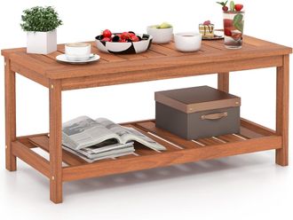 Costway Mesa Consola Para Patio, Mesa Auxiliar De 2 Niveles Con Estructura De Madera Maciza, Tablero Y Estante De Listones, Mesa De Centro Para Exteriores Par