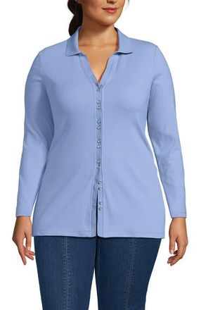 Lands End Long Sleeve Polished Rib Button Through Tunic Shirt in Light Sea Blue at Nordstrom, Size 1 X