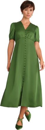 Hobbs London Button Front Puff Sleeve Midi Dress in Bay Leaf Green at Nordstrom, Size 12