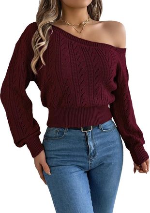 Generic Women Long Sleeve Off Shoulder Knit Sweater Casual Textured Pullover Top Loose Fit Jumper Burgundy
