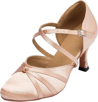 Minitoo Womens Latin Salsa Ankle Strap Closed Toe Satin Dance Shoes L117A Nude 7.5cm Heel UK 3.5