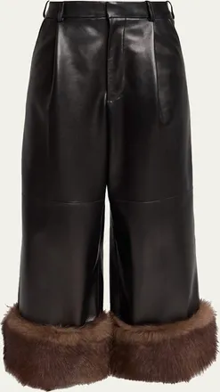 Loewe Turn-Up Shiny Leather Wide-Leg Ankle Trousers With Lamb Shearling Cuffs
