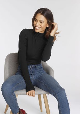 Tamaris Rollkragenshirt TAMARIS, Damen, Gr. 34, schwarz (eco schwarz), Jersey, Obermaterial: 95% Viskose, 5% Elasthan, Basic, figurbetont h&uuml;ftlang, Shirts Rol