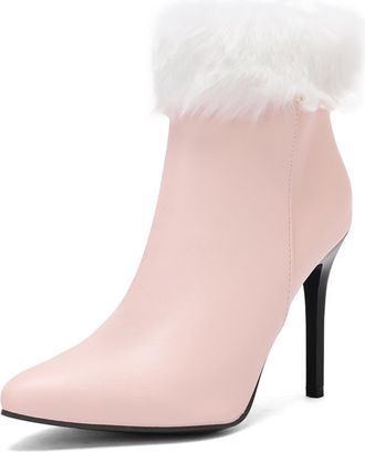 Generic Womens Elegant Pointed Toe PU Leather Ankle Boots with Fluffy Fur Trim Pearl Detail Stiletto Heels Comfortable Anti-Slip Wear-Resistant for Daily Casu
