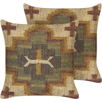 Beliani Conjunto De 2 Cojines De Yute Algod&oacute;n Lana Beige Verde Rojo 45 X 45 Cm Pulicat