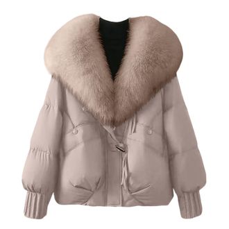 Generic Womens Faux Fur Collar Puffer Jacket with Pockets Quilted Padded Short Parka Coat Windproof Warm Winter Outerwear Plus Size Batwing Sleeve Snow Parka 