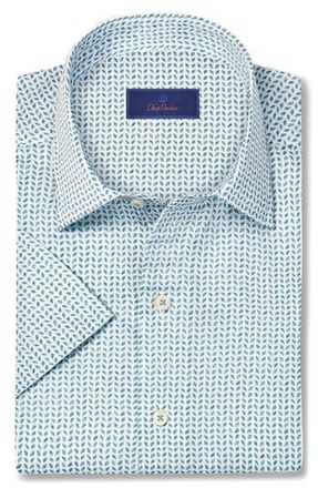 David Donahue Neat Print Lyocell Short Sleeve Shirt in White/Seafoam at Nordstrom Rack, Size Xx-Large