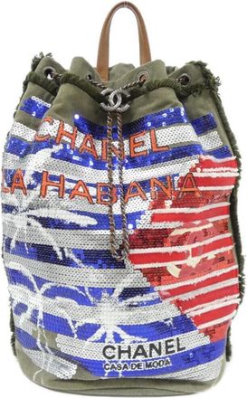 Chanel Blue Khaki Red Color Canvas Spangles Backpack (Pre-Owned)