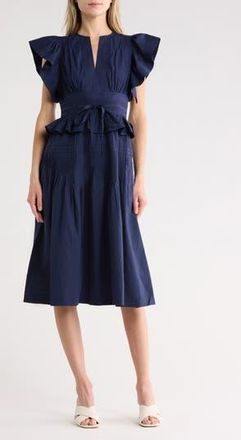 Ulla Johnson Florence Flutter Sleeve Cotton Poplin Midi Dress in Midnight at Nordstrom Rack, Size 16