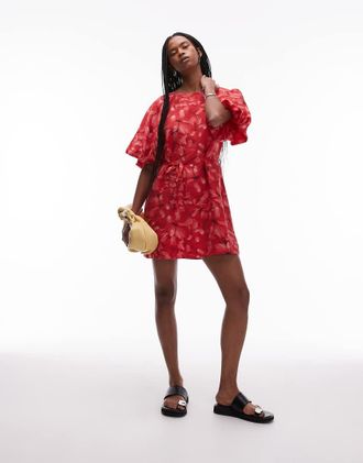 & Other Stories round neck mini dress with puff sleeves and detachable belt in red floral print