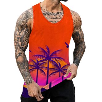 Generic Tank Tops Vests for Men UK Beach Hawaiian Casual Palm Tree Print Sleeveless Crewneck Tshirts Tops Summer Vintage Classic Workout Vest Blouses Running 