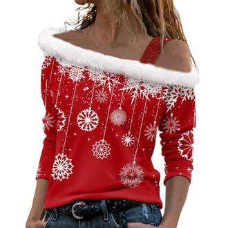 Generic Christmas Jumpers for Women Off Shoulder Long Sleeve Tops Novelty Glitter Snowflake Tree Print Xmas Jumper T Shirt Furry Pullover Dressy Casual Blouse