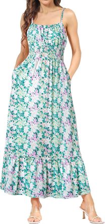 Grace Karin Ladies Casual Strappy Floral Beach Dresses A Line Smocked Maxi Roman Dress for Summer Green & White FloralM