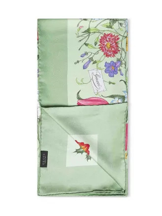 Gucci Womens Silk Twill Scarf Flora Print Green Scarfs