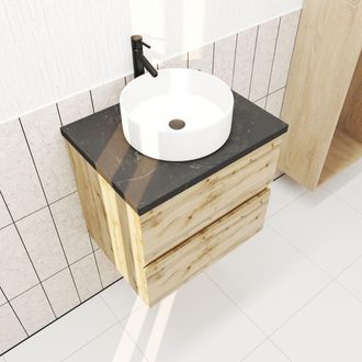 Aurlane Mueble De Ba&ntilde;o 60cm Roble Natural 2 Cajones Y Encimera Efecto M&aacute;rmol Negro + Lavabo Redondo Blanco