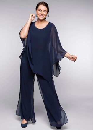 Sheego Longbluse SHEEGO, Damen, Gr. 46, blau (marine), 100% Polyester, unifarben, Rundhals, Blusen Longbluse