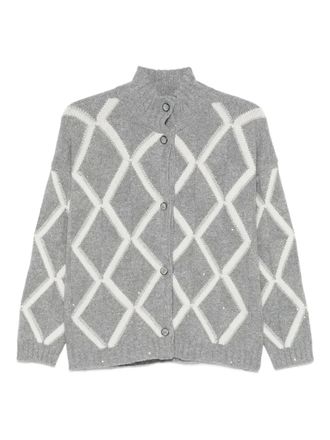 Gran Sasso diamond-pattern button-fastening cardigan - women - Cashmere/Wool/Metal/Polyamide - 48 - Grey