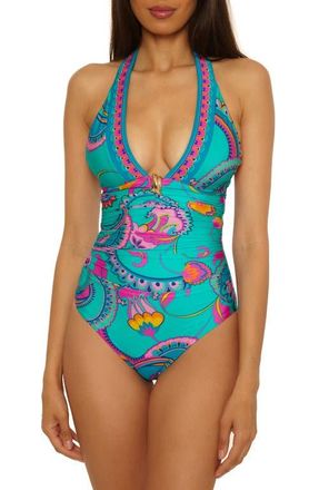 Trina Turk Mykonos Plunge One-Piece Swimsuit in Turquoise Multi at Nordstrom, Size 4
