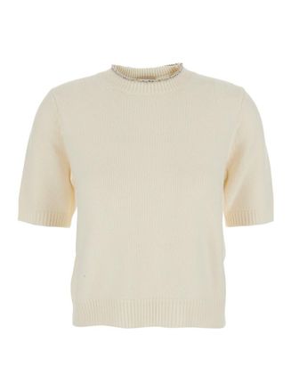 Semicouture White Pullover With Applied Rhinestones And Ribbed Details In Wool Woman