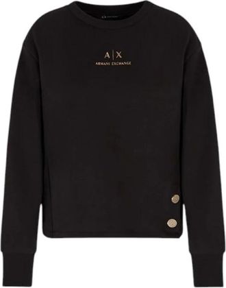 A|X Armani Exchange Sweatshirts, female, Black, Size: M Crewneck Sweatshirt with Gold Logo and Buttons