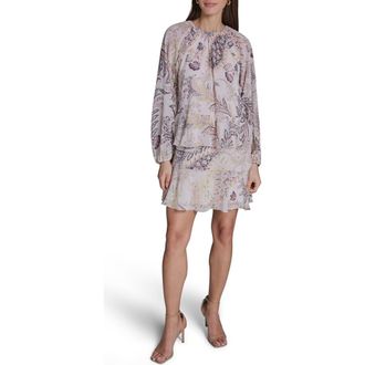 BCBGeneration Paisley Long Sleeve Tiered Minidress in Ecru/citron Zest Multi at Nordstrom, Size 14