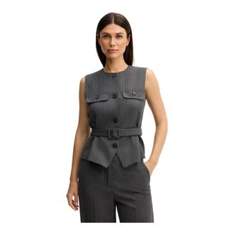 Joop Gilet met fijne streep en ceintuur - Dames - Jassen - Grijs - Maat: M Zijde